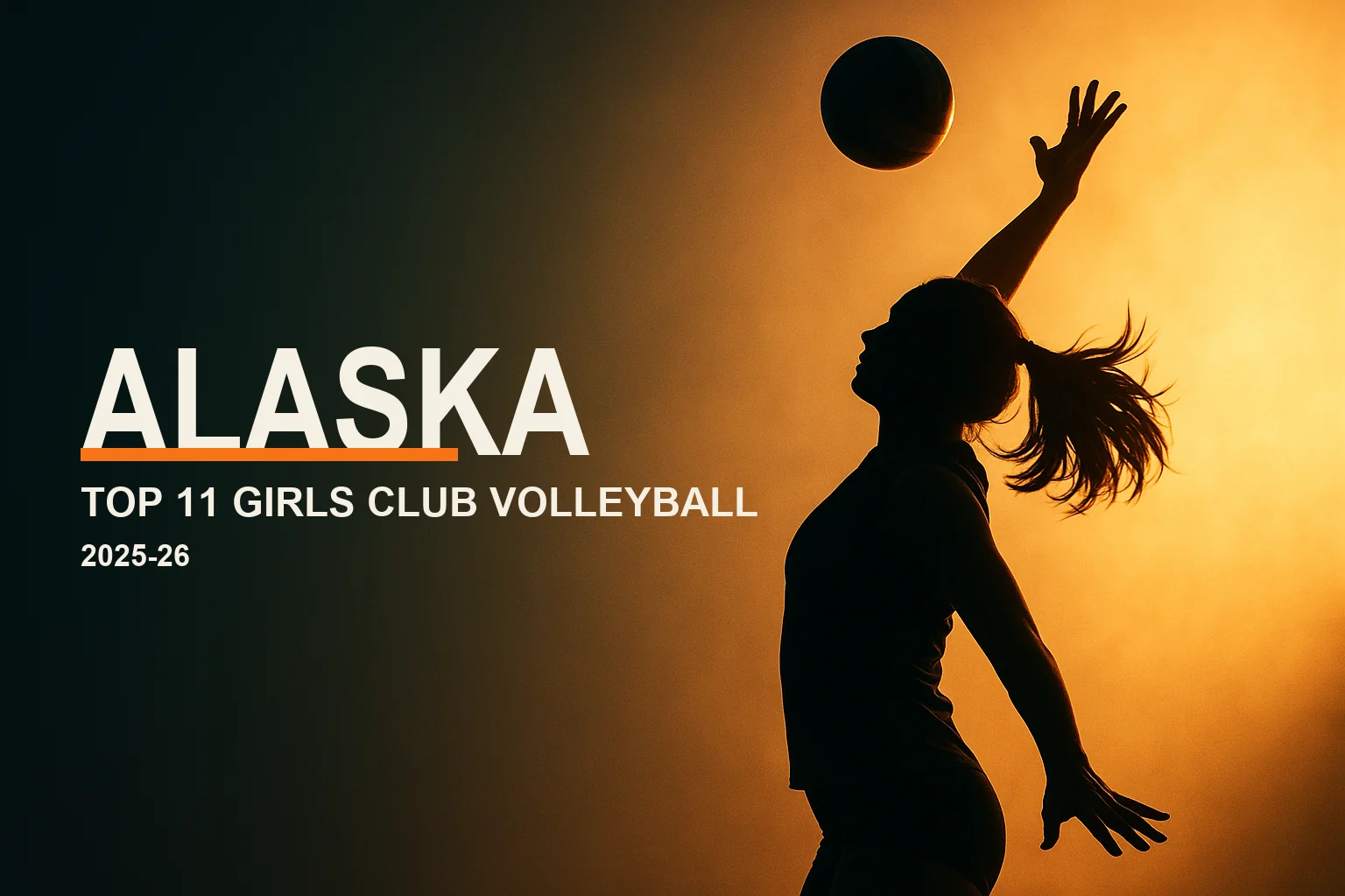 Editorial hero: a backlit silhouette of a girls volleyball player spiking at golden hour, with the headline "Alaska — Top 11 Girls Club Volleyball" and a VolleyLens orange accent.