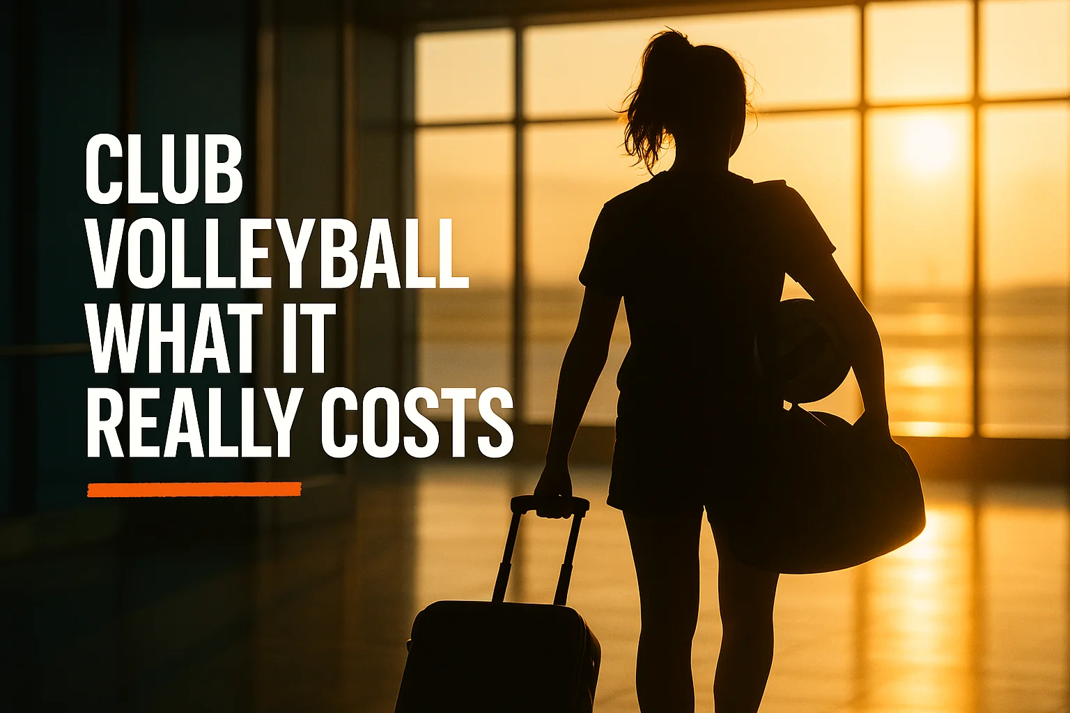 A backlit silhouette of a young volleyball player carrying a duffel bag, a volleyball, and a rolling suitcase through an airport concourse at golden hour, with the headline "Club Volleyball: What It Really Costs."