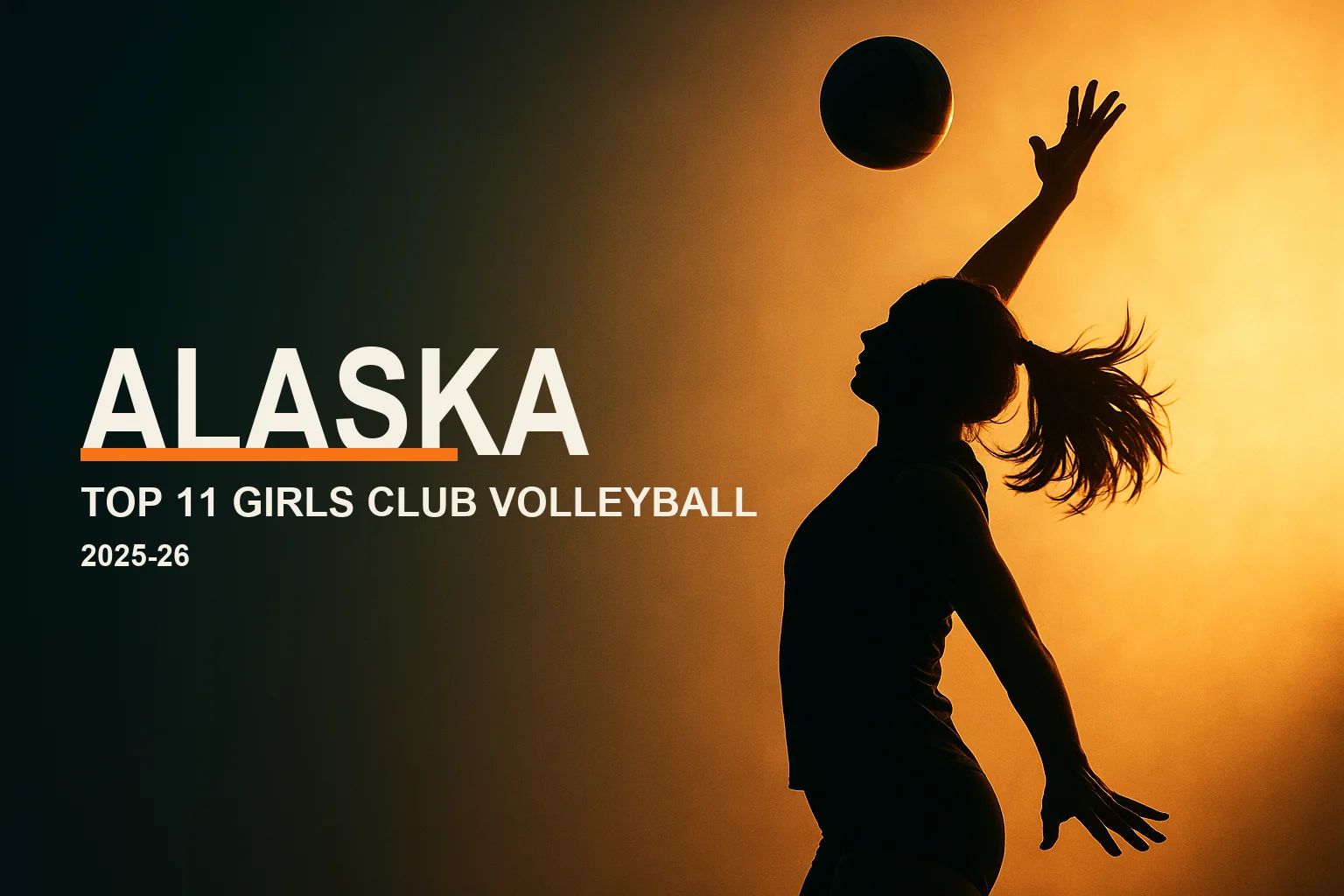 Editorial hero: a backlit silhouette of a girls volleyball player spiking at golden hour, with the headline "Alaska — Top 11 Girls Club Volleyball" and a VolleyLens orange accent.