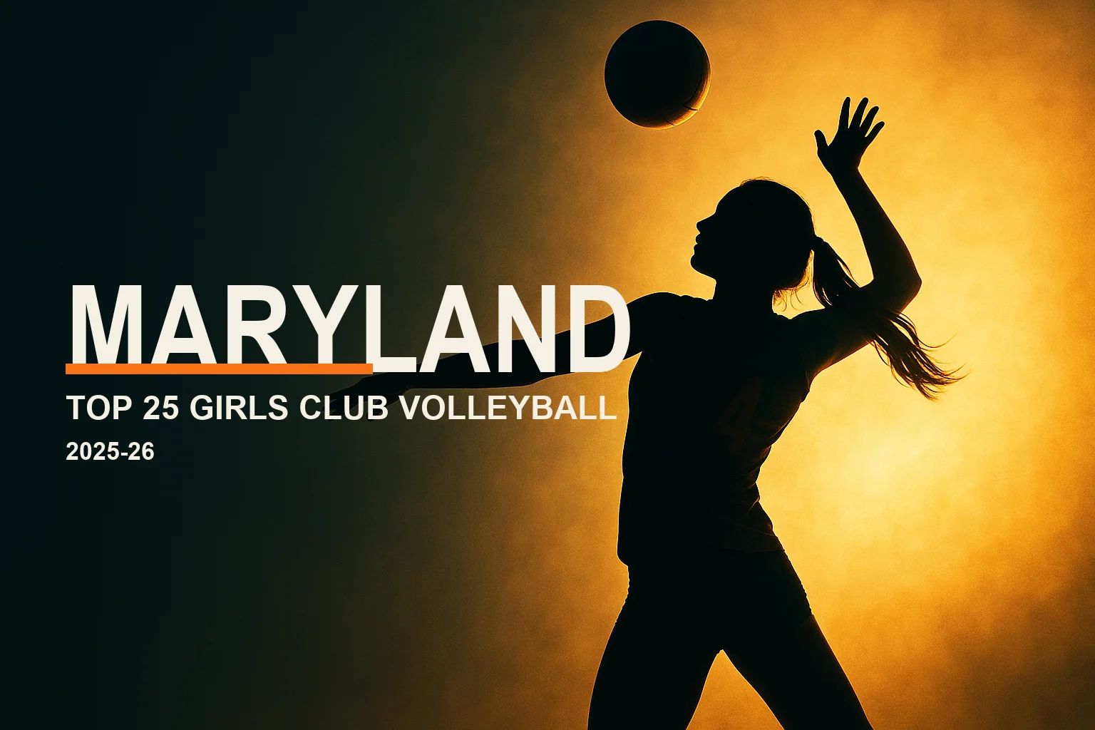 Editorial hero: a backlit silhouette of a girls volleyball player spiking at golden hour, with the headline "Maryland — Top 25 Girls Club Volleyball" and a VolleyLens orange accent.