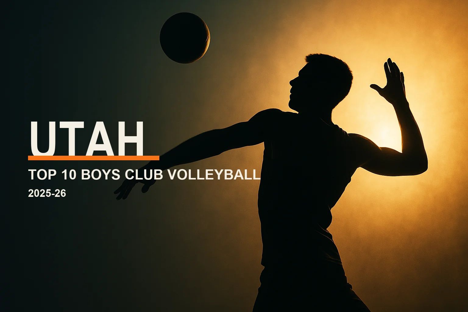 Editorial hero: a backlit silhouette of a boys volleyball player spiking at golden hour, with the headline "Utah — Top 10 Boys Club Volleyball" and a VolleyLens orange accent.
