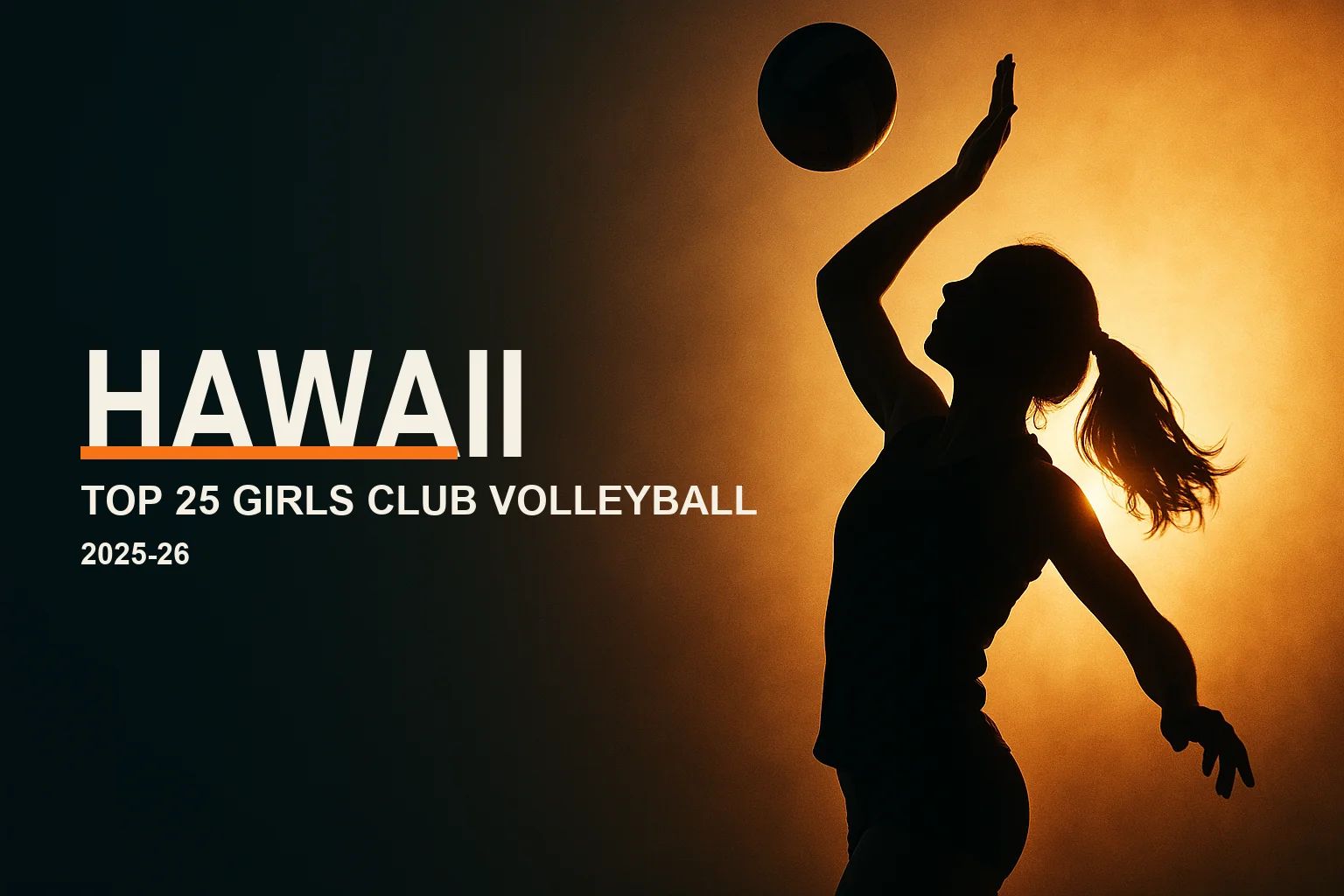 Editorial hero: a backlit silhouette of a girls volleyball player spiking at golden hour, with the headline "Hawaii — Top 25 Girls Club Volleyball" and a VolleyLens orange accent.