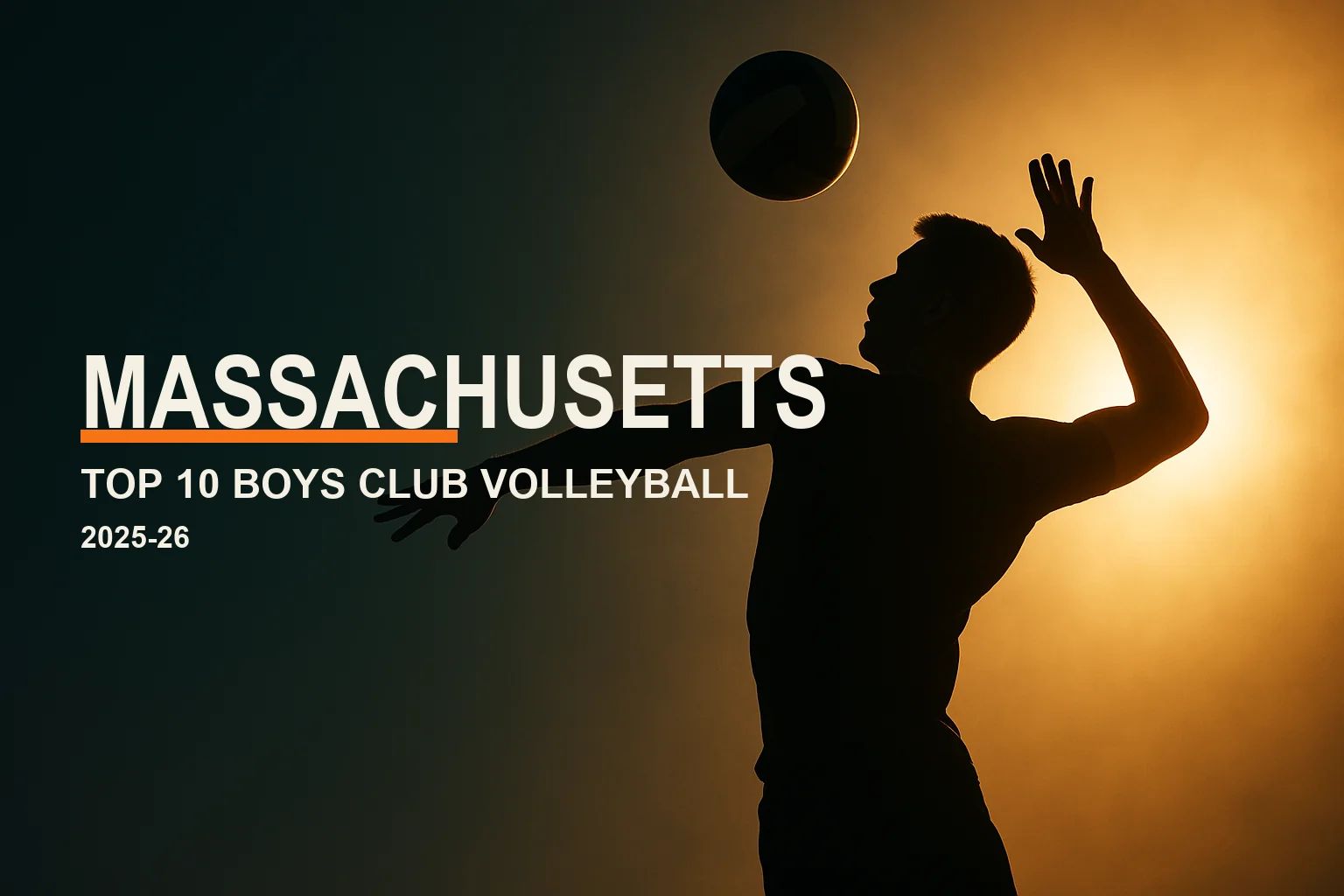 Editorial hero: a backlit silhouette of a boys volleyball player spiking at golden hour, with the headline "Massachusetts — Top 10 Boys Club Volleyball" and a VolleyLens orange accent.