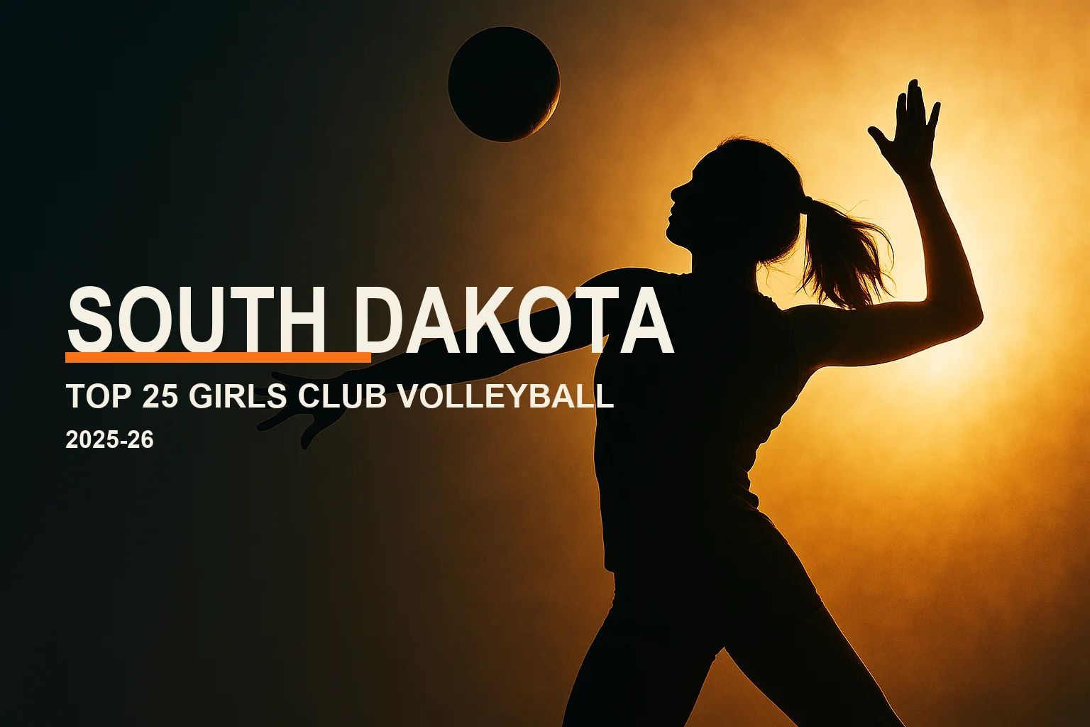 Editorial hero: a backlit silhouette of a girls volleyball player spiking at golden hour, with the headline "South Dakota — Top 25 Girls Club Volleyball" and a VolleyLens orange accent.