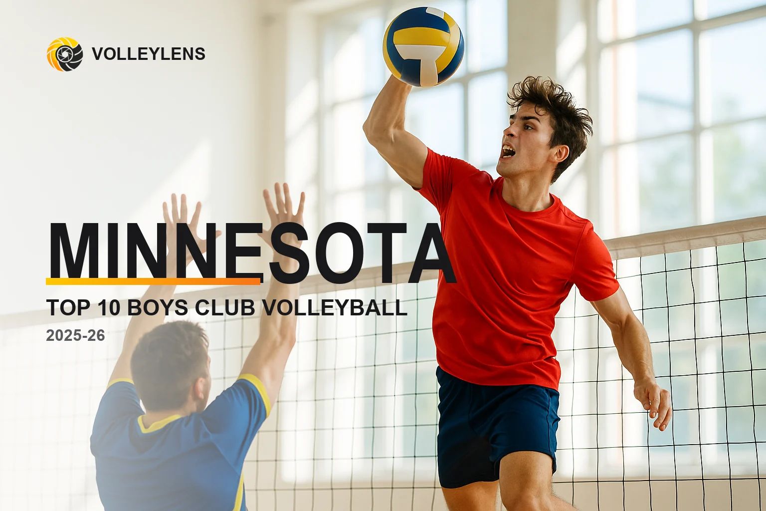 Editorial hero: a backlit silhouette of a boys volleyball player spiking at golden hour, with the headline "Minnesota — Top 10 Boys Club Volleyball" and a VolleyLens orange accent.