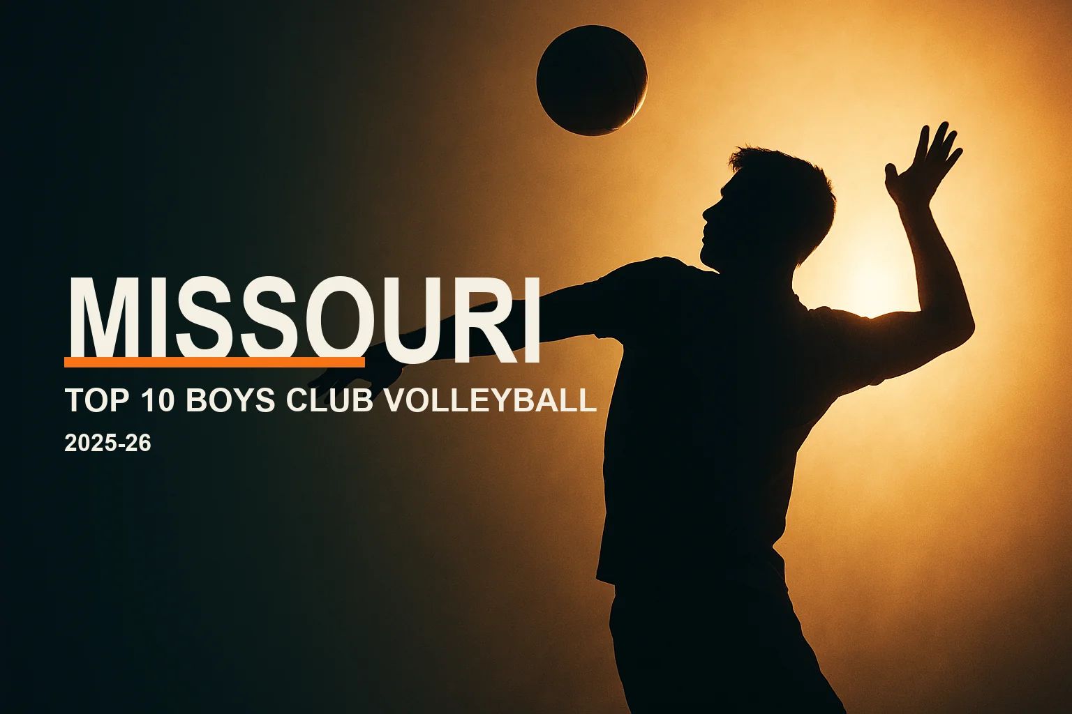 Editorial hero: a backlit silhouette of a boys volleyball player spiking at golden hour, with the headline "Missouri — Top 10 Boys Club Volleyball" and a VolleyLens orange accent.